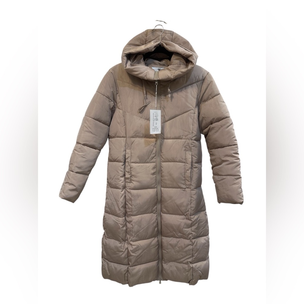 Qinruiyu Long Tan Puffer Coat with Hood Size Extra Small/Small New With Tags - Picture 4 of 15